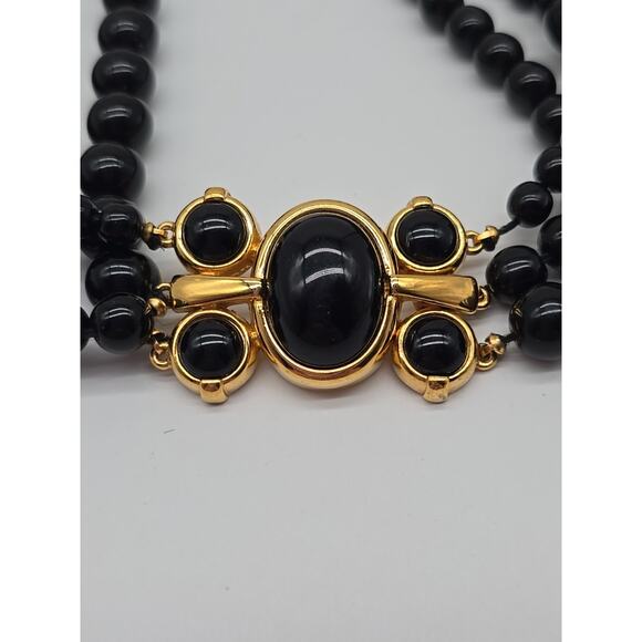 Vintage Monet Triple Strand Cascade Black Beaded Necklace Gold Tone Hook Clasp - Picture 2 of 5